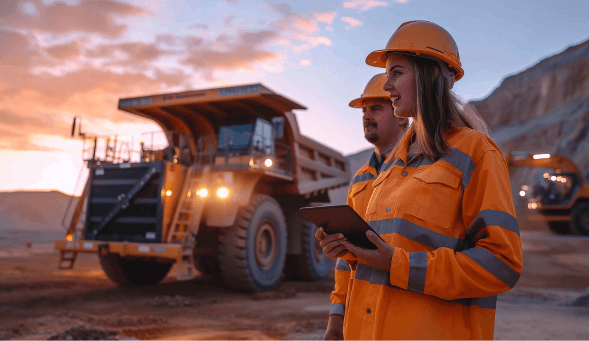 Two construction workers with a tablet device